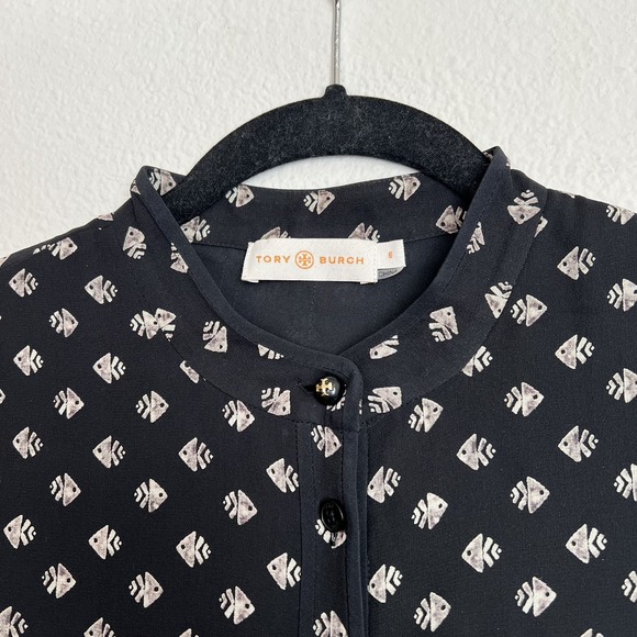 TORY BURCH Seymour Silk Georgette Mini Dress Size 6 Geometric Fish Print Tiered - Picture 9 of 11